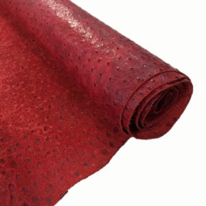 Red Alba Ostrich Embossed Cow Leather is made of European leather with a unique embossed grain texture that resembles Ostrich skin. Its rough appearance, complete with grooves and bumps, makes it beautiful and durable. The leather has a waxed finish that adds smoothness and shine to its surface. This collection uses chrome tanning, which gives it a luxurious and rich look.