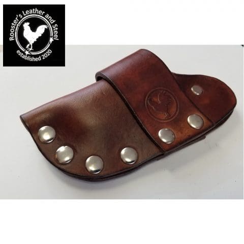 Brown snap sheath made with Avetco materials by Roosters Leather & Steel