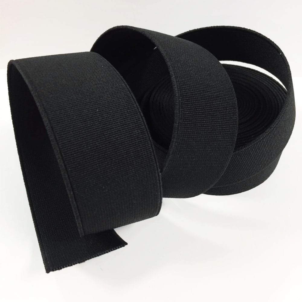 Black 32mm woven flat elastic webbing roll for footwear, garments, handbags, and accessories