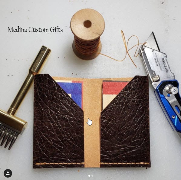Wallets on the bench made with Avetco materials by Medina Custom Gifts