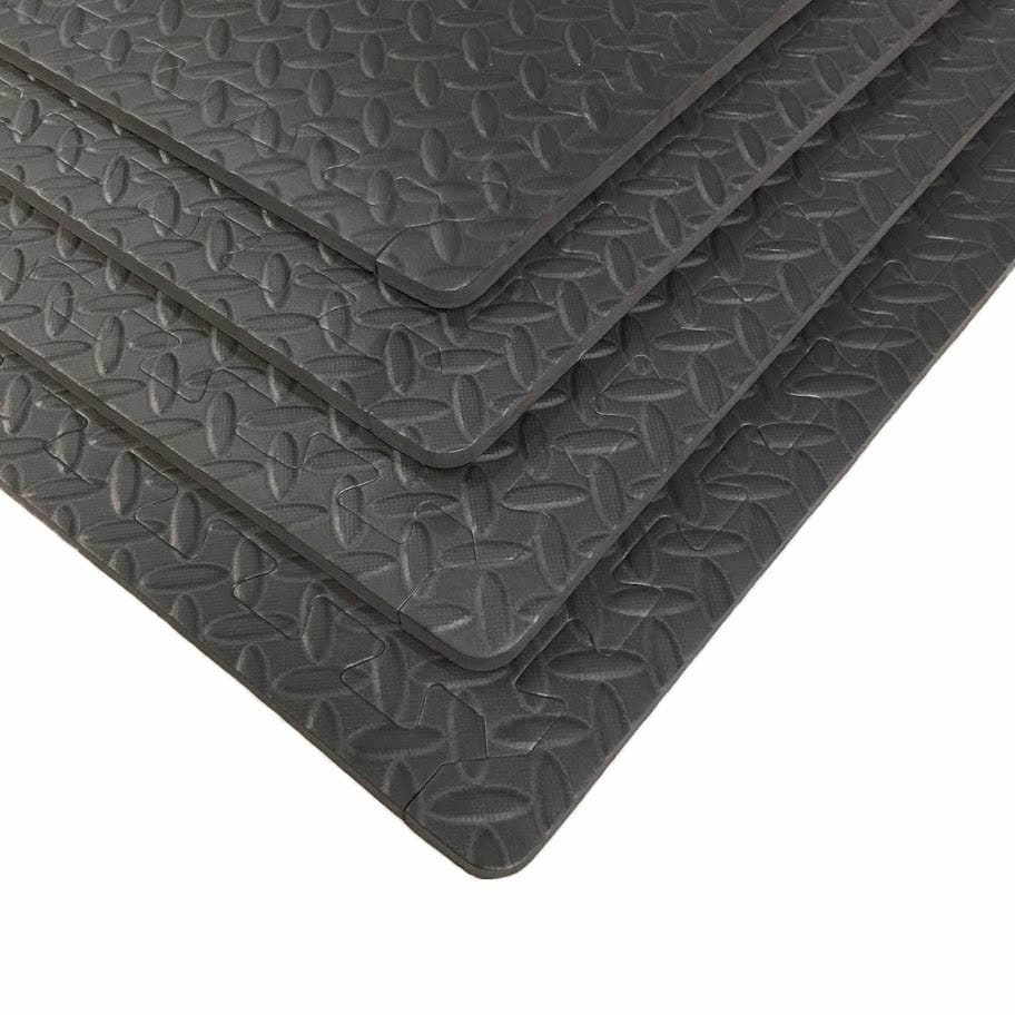 Avetco-SP812-Black-10mm (3) Interlocking puzzle mat tiles are made from premium-grade, high-density EVA foam rubber. These tiles are thick and textured, providing softness, safety, and durability. These colorful mats are double-sided, reversible, and interchangeable, creating a checkered pattern with the two colors of your choice. If you change your mind, the mats can easily be flipped over to the other colors creating a whole new atmosphere. They are perfect for a children’s playroom, gym fitness, dance, yoga, martial arts, sound control, and much more.