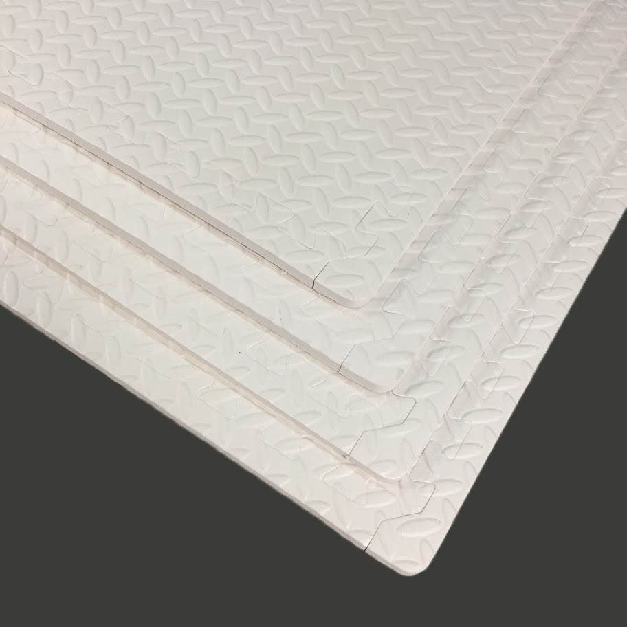 Avetco-SP812-White-10mm (2) Interlocking puzzle mat tiles are made from premium-grade, high-density EVA foam rubber. These tiles are thick and textured, providing softness, safety, and durability. These colorful mats are double-sided, reversible, and interchangeable, creating a checkered pattern with the two colors of your choice. If you change your mind, the mats can easily be flipped over to the other colors creating a whole new atmosphere. They are perfect for a children’s playroom, gym fitness, dance, yoga, martial arts, sound control, and much more.