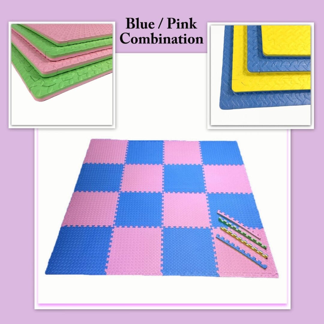 Interlocking Foam3 Interlocking puzzle mat tiles are made from premium-grade, high-density EVA foam rubber. These tiles are thick and textured, providing softness, safety, and durability. These colorful mats are double-sided, reversible, and interchangeable, creating a checkered pattern with the two colors of your choice. If you change your mind, the mats can easily be flipped over to the other colors creating a whole new atmosphere. They are perfect for a children’s playroom, gym fitness, dance, yoga, martial arts, sound control, and much more.