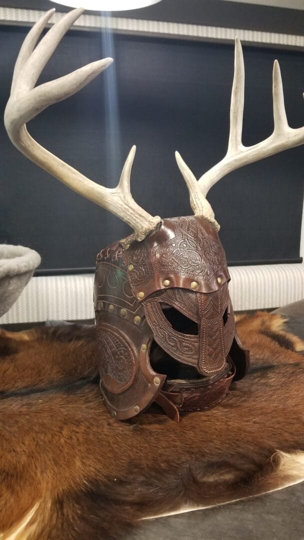 Antlered helm made with Avetco materials by Roosters Leather & Steel
