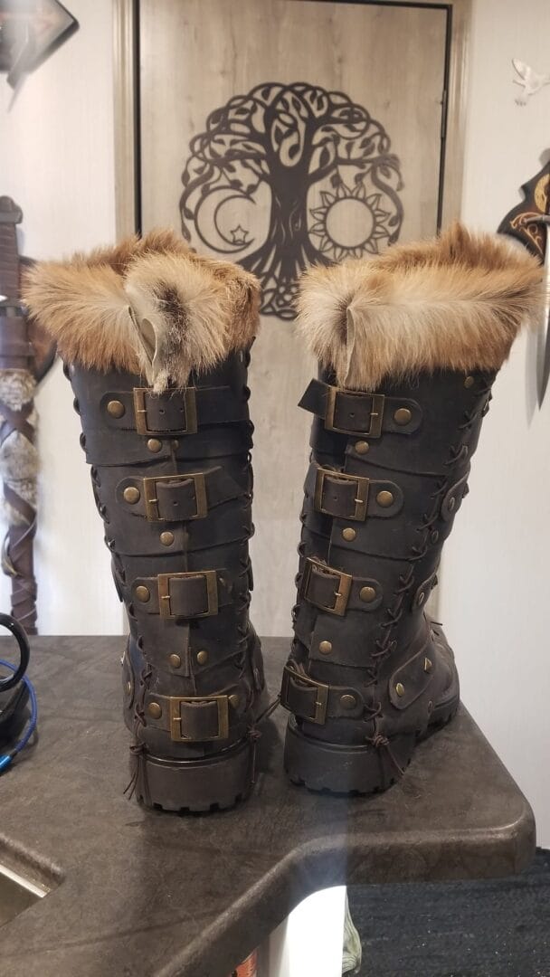 Fur-topped boots made with Avetco materials by Roosters Leather & Steel