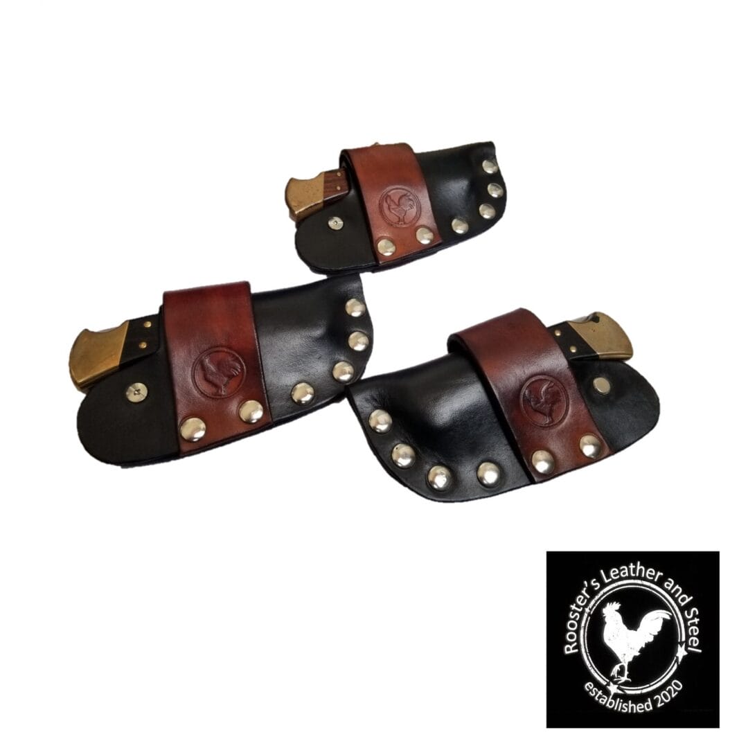 Pair of leather sheaths made with Avetco materials by Roosters Leather & Steel