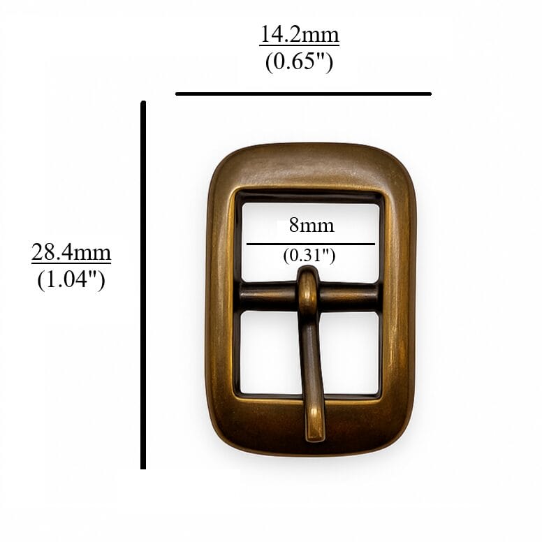 Close-up of Y1018 10mm Center Bar Buckles in Antique Brass finish, made of zinc alloy, designed for straps. Compact, rectangular design with a center bar, photographed on a neutral background.