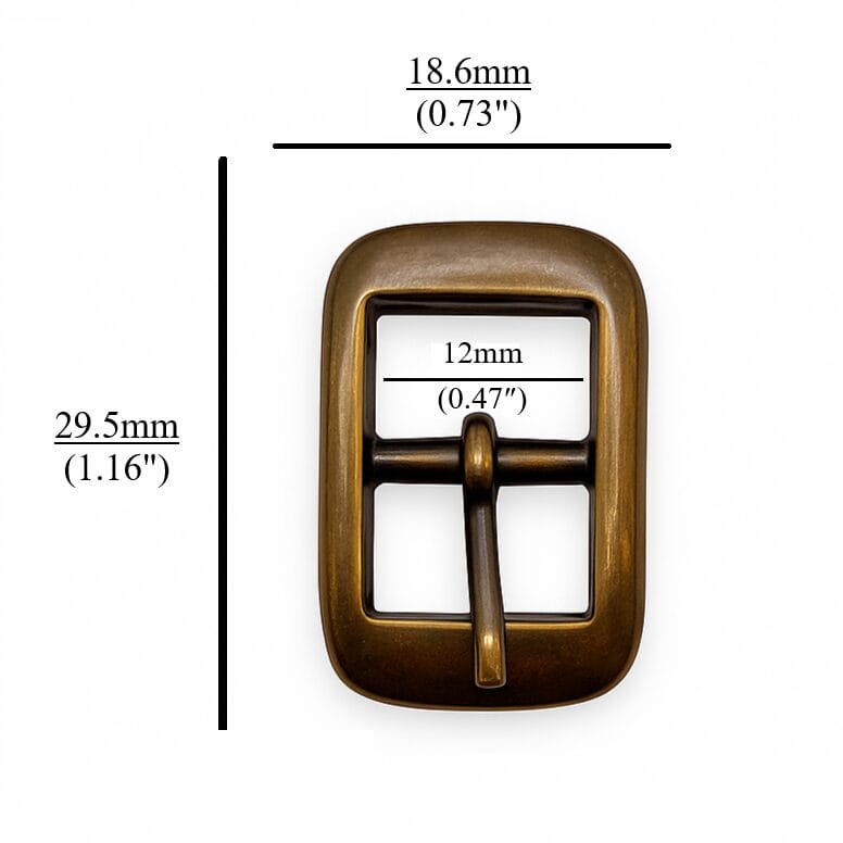 Close-up of Y1018 12mm Center Bar Buckles in Antique Brass finish, made of zinc alloy, designed for straps. Compact, rectangular design with a center bar, photographed on a neutral background.