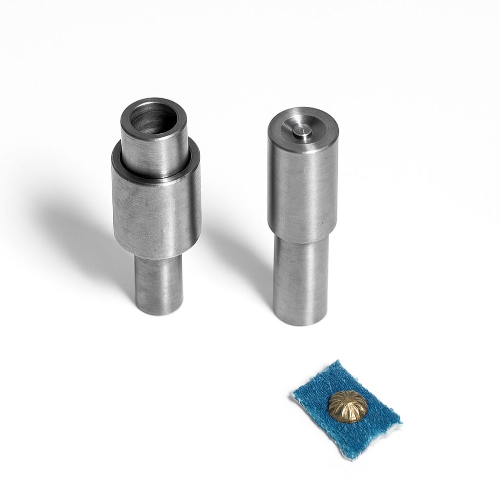 NH 72 65MM Die Die setter tool set for 6.5mm NH72 parachute nailhead, shown with a brass nailhead installed on blue fabric, designed for precise and damage-free application