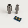 NH 72 9MM Die Die setter tool set for 9mm NH72 parachute nailhead, shown with a brass nailhead installed on blue fabric, designed for precise and damage-free application.