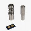 NH 72 9MM Die 2 Die setter tool set for 9mm NH72 parachute nailhead, shown with a brass nailhead installed on blue fabric, designed for precise and damage-free application.