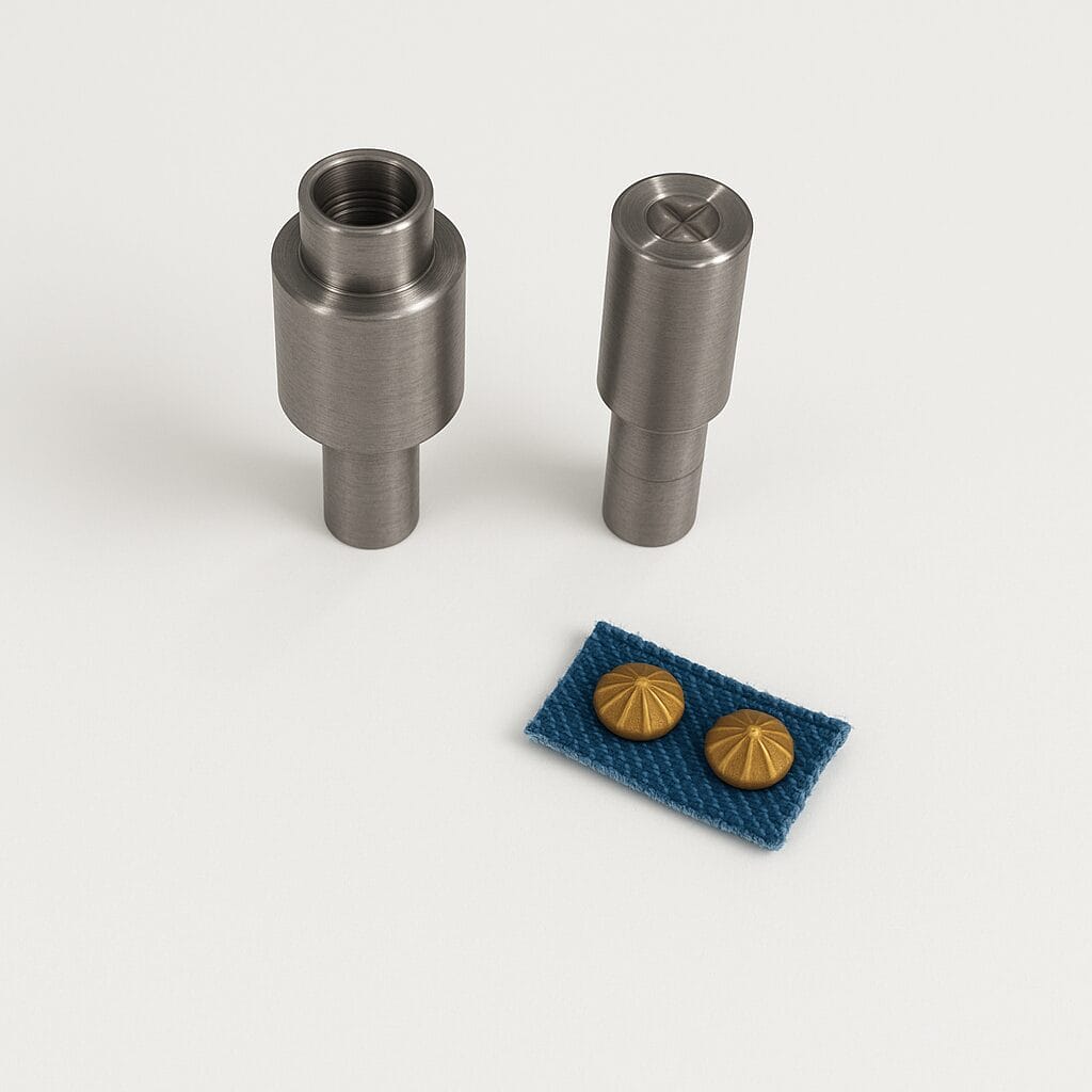 NH 72 9MM Die Die setter tool set for 9mm NH72 parachute nailhead, shown with a brass nailhead installed on blue fabric, designed for precise and damage-free application.