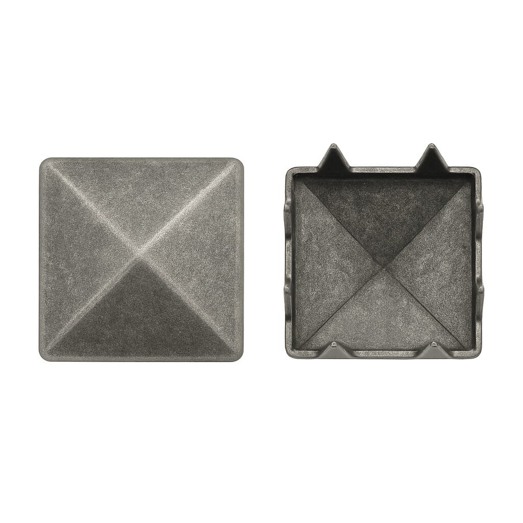 NH150-137mm Pyramid Nailhead Antique Nickel top and bottom view-Avetco Top and bottom view of 13.7mm Pyramid NailHead NH150 in antique nickel finish, showing detailed texture and prongs – Avetco
