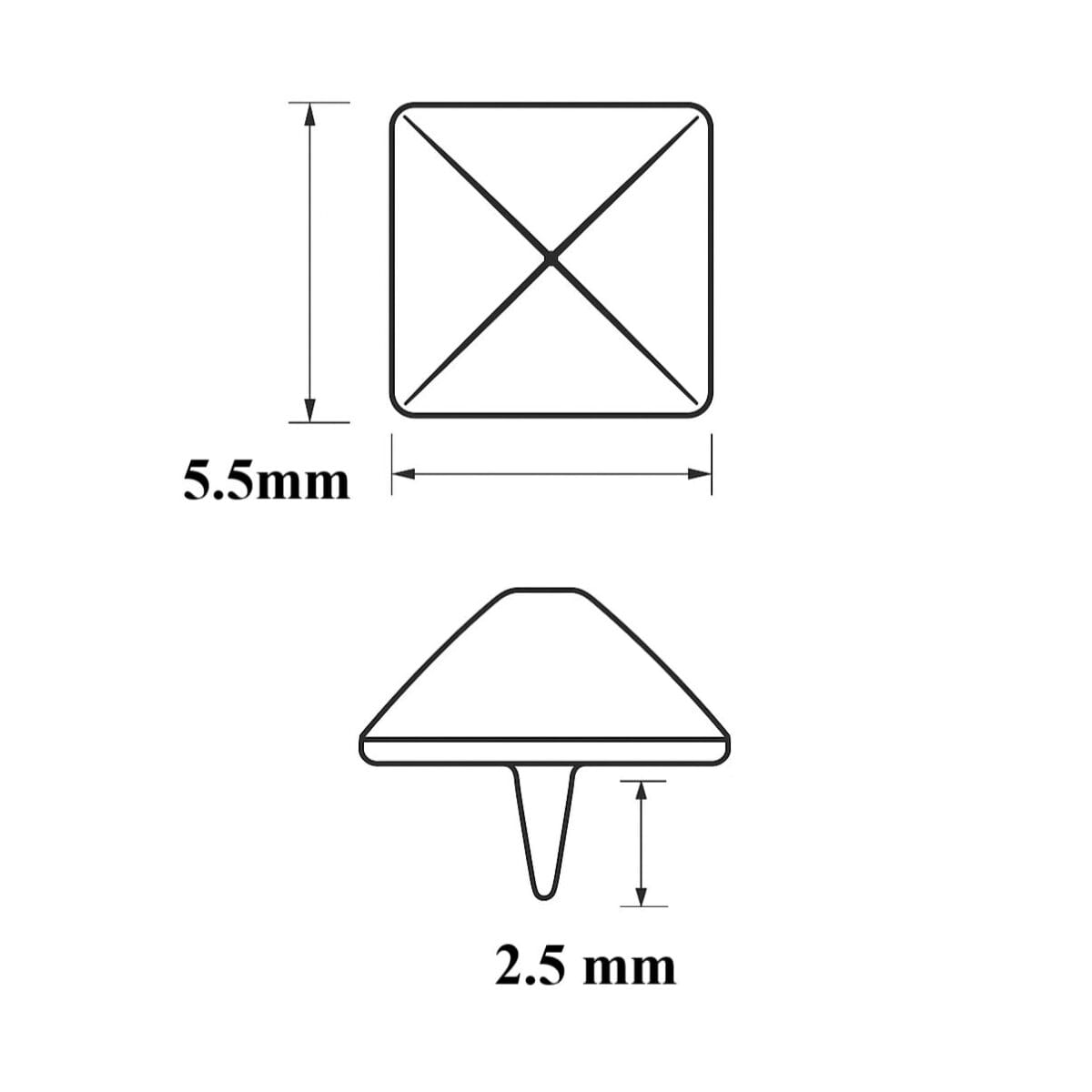 NH36 technical illustration of 5.5mm pyramid nailhead-Avetco Black and white technical illustration of 5.5mm pyramid nailhead with 2.5mm spike, showing precise measurements for leathercraft and accessory use-Avetco