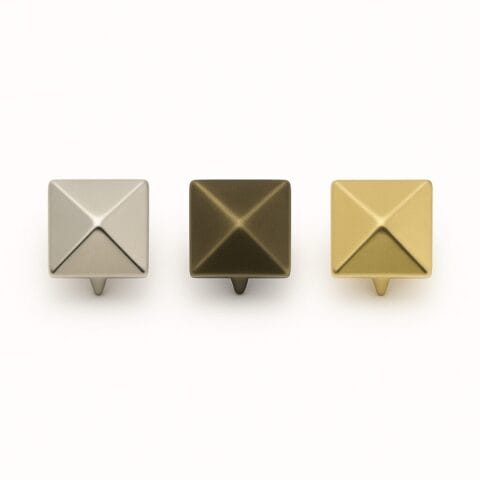 Nickel, Antique Brass, and Gold 9mm pyramid nailhead nh36 displayed side by side for color comparison in leathercraft and accessory use