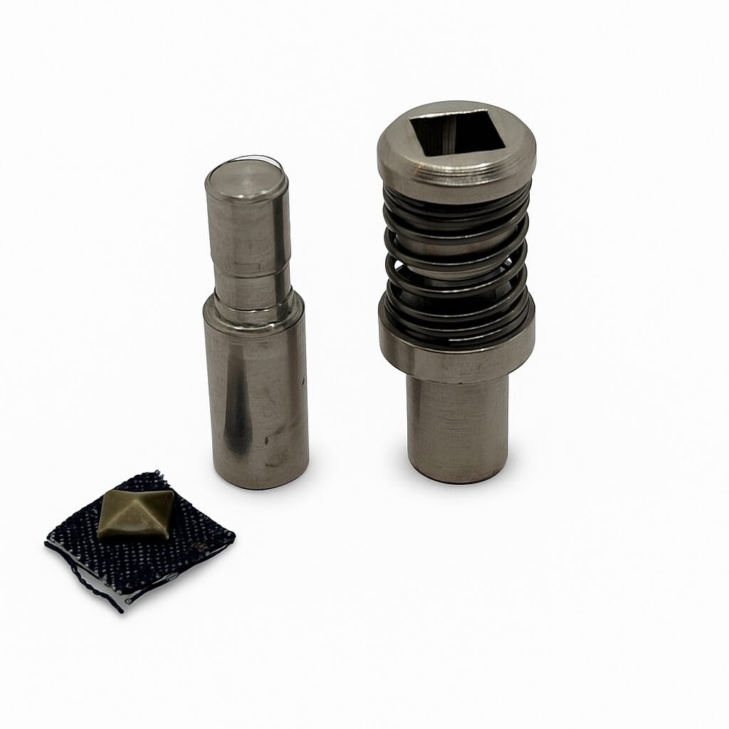 NH36 9MM Die 2pcs 126-94 mm-Avetco 9mm Pyramid nailhead nh36 die tool set with upper and lower dies and sample nailhead on fabric – Avetco
