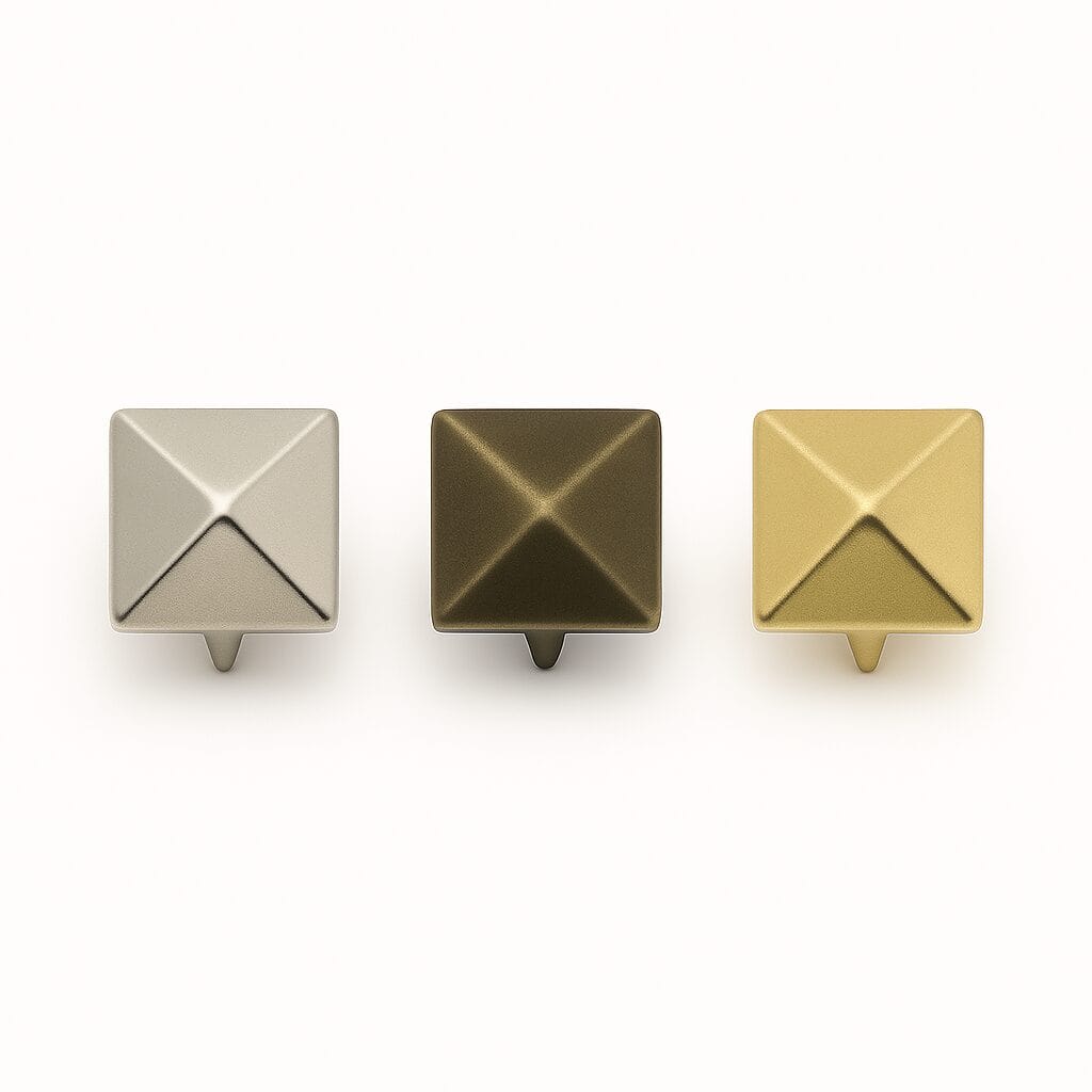 NH36 9mm pyramid nailhead-Avetco Nickel, Antique Brass, and Gold 9mm pyramid nailhead nh36 displayed side by side for color comparison in leathercraft and accessory use