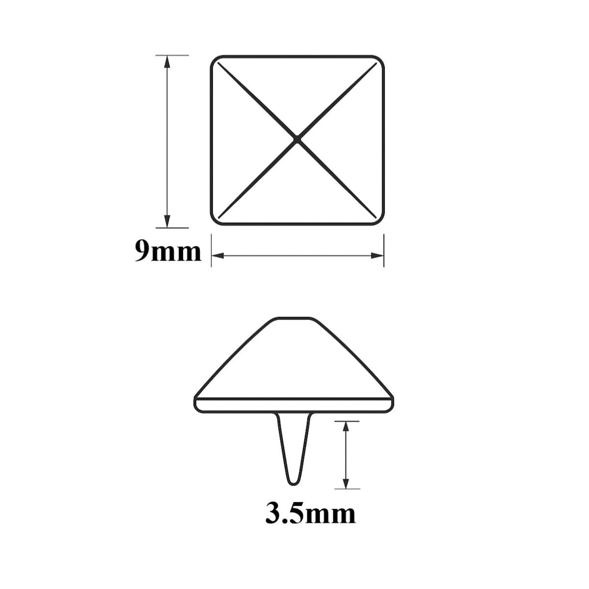 NH36-9mm pyramid nailhead technical illustration-Avetco Black and white technical illustration of 9mm pyramid nailhead with 3.5mm spike, showing precise measurements for leathercraft and accessory use-Avetco