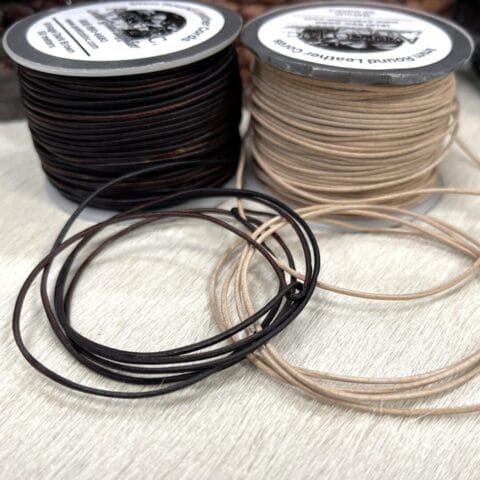 Round Veg-Tan Leather Cord in natural and vintage tones. Sizes from 1mm to 6mm. Smooth veg-tan leather ideal for threading, beading, and lacing.