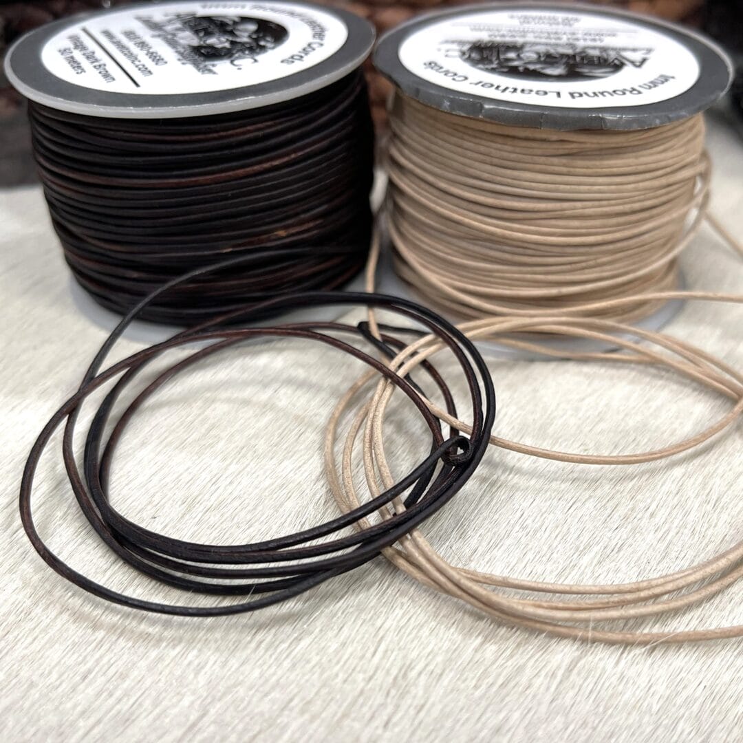 Round Veg-Tan Leather Cord in natural and vintage tones. Sizes from 1mm to 6mm. Smooth veg-tan leather ideal for threading, beading, and lacing.