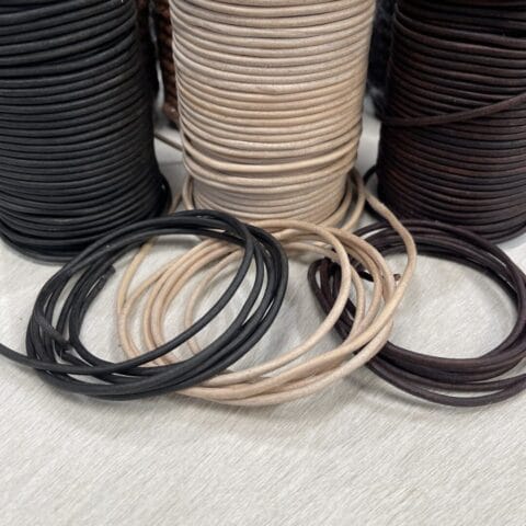 Premium round leather cords in natural and vintage tones. Sizes from 1mm to 6mm. Smooth veg-tan leather ideal for threading, beading, and lacing.