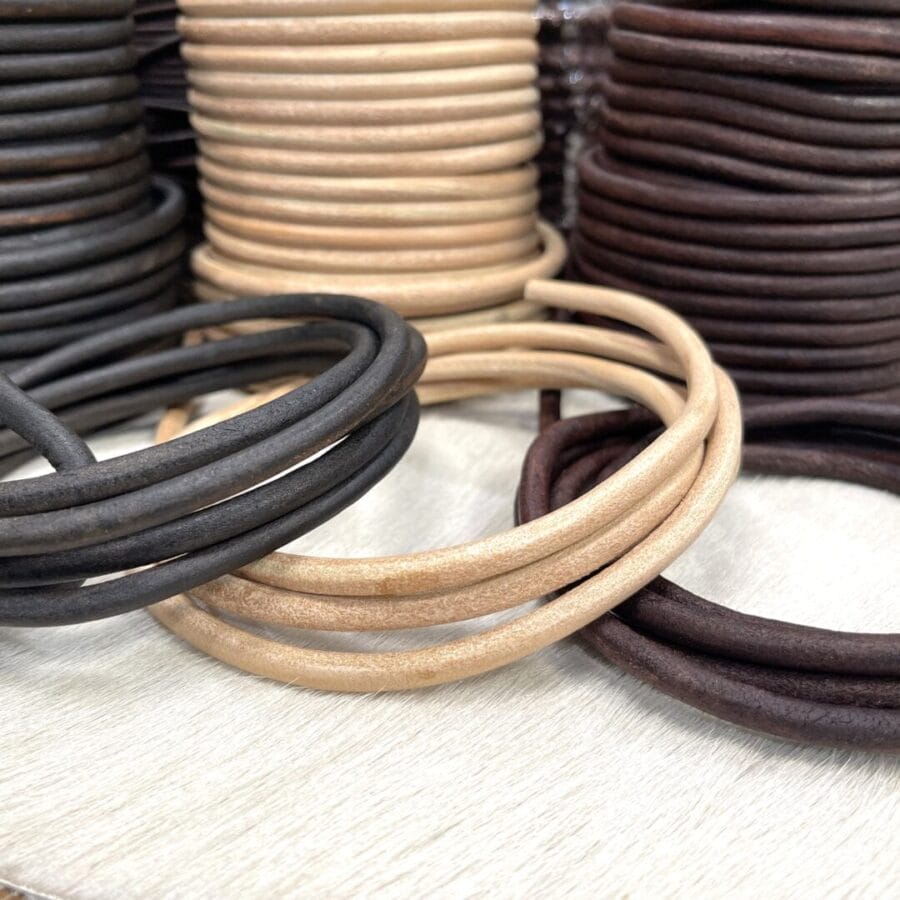 Round Leather Cords Premium round leather cords in natural and vintage tones. Sizes from 1mm to 6mm. Smooth veg-tan leather ideal for threading, beading, and lacing.