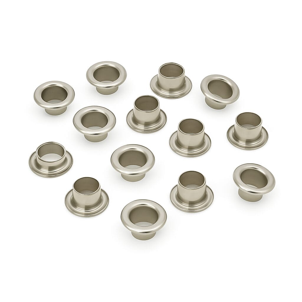5mm inside diameter beveled eyelets in nickel finish – Model K3 by Avetco Inc. – ideal for reinforced holes in leather and garments.”
