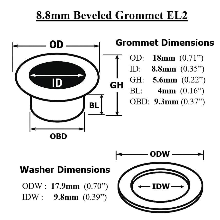 88mm Beveled Grommet EL2 8.8mm beveled grommet EL2 diagram with detailed dimensions labeled for grommet and washer.-Avetco