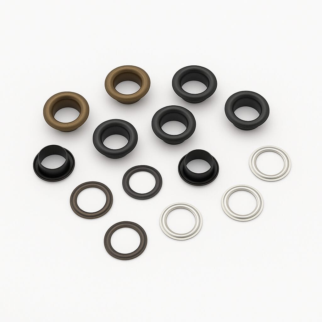 8mm Beveled Grommets EL2-Antique Brass Gunmetal and Nickel-Avetco 8mm beveled grommets in Antique Brass, Gunmetal, and Nickel finishes from Avetco, displayed in sets with matching washers on a white background.-avetco