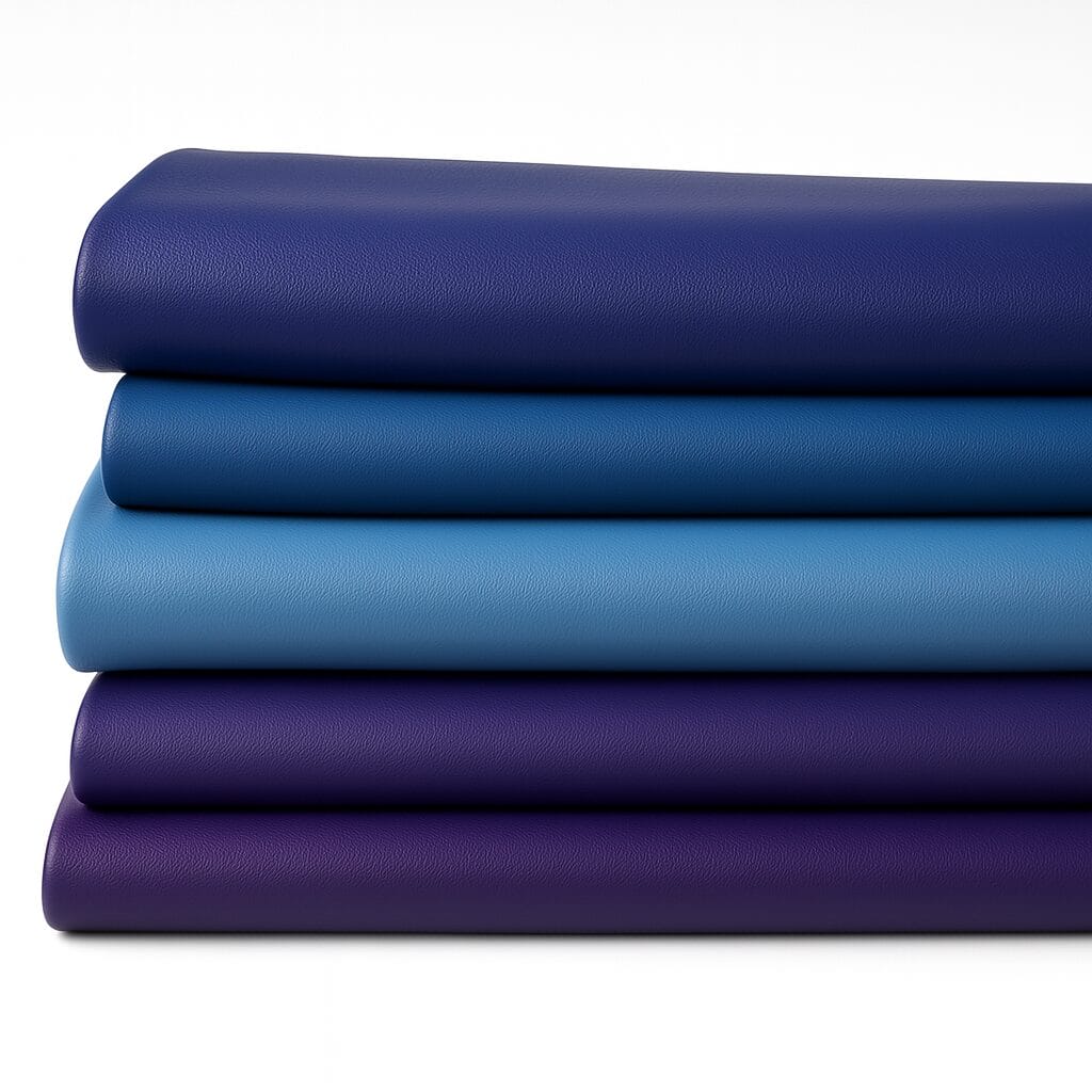Stacked folded hides of smooth full-grain cow leather in blue and purple tones on a white background, part of the Milano Collection by Avetco