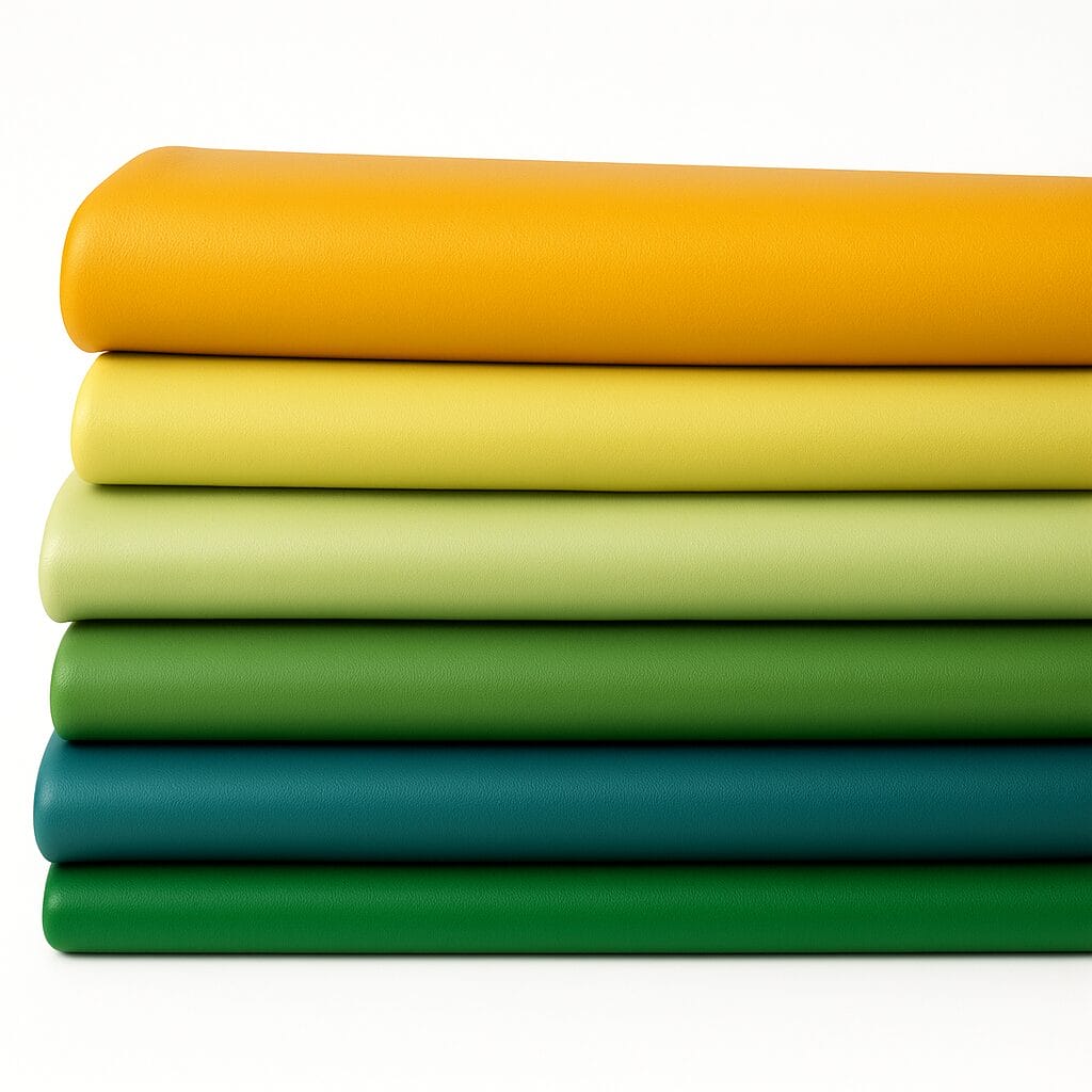 Milano-Greens and Yellows Collection-Avetco Stacked pieces of smooth full-grain cow leather in yellow and green tones, arranged on a white background, part of the Milano Collection by Avetco.