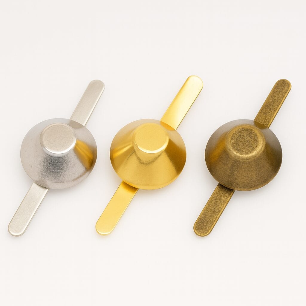 NH122 Purse Feet-Avetco3 NH122 Purse Feet – Top View Showing All Three Finishes: Nickel, Gold, and Antique Brass – Avetco