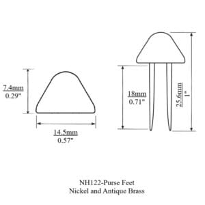 NH122 Purse Feet-Measurement Outline-Nickel and Antique Brass-Avetco NH122 Purse Feet – Nickel, Gold & Antique Brass
