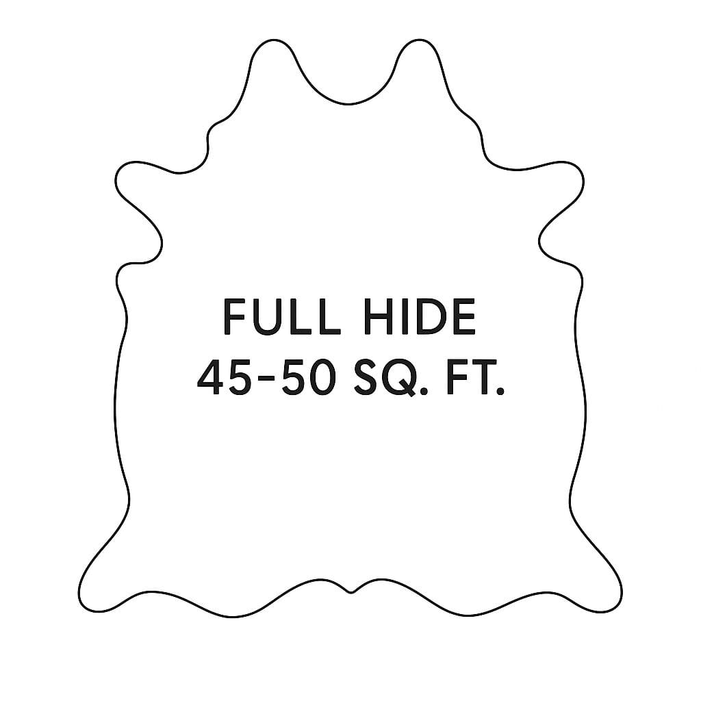 Outline-Full Hide Cow Leather 45-50 SF-Avetco Outline drawing of a full cowhide leather hide, approximately 45–50 square feet in area.-Avetco