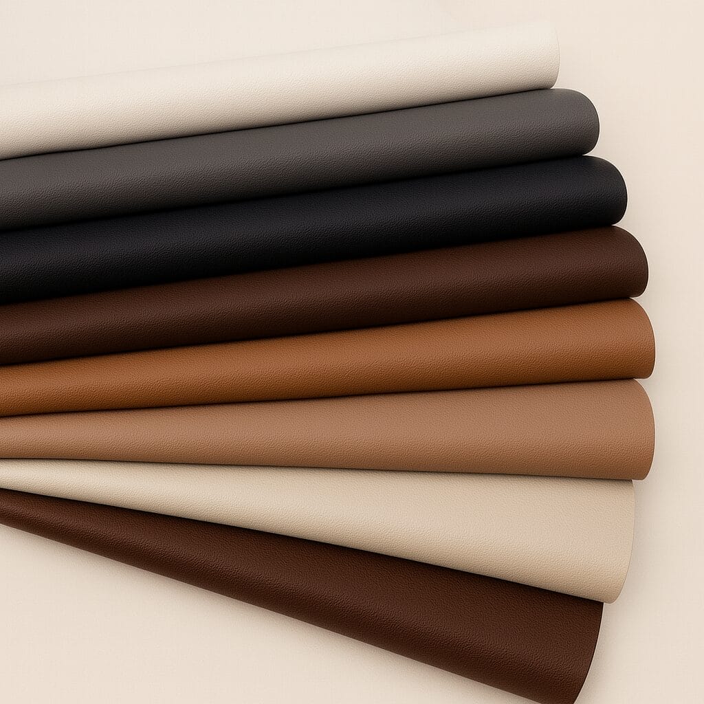 SL-101 Neutrals and Earth Tones Lambskin 8-10 sq ft Rolled lambskin leather hides in beige, ivory, tan, and brown tones on a white background.-Avetco