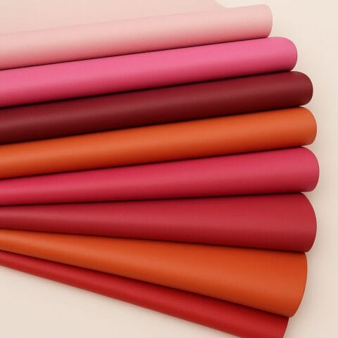 Stacked lambskin leather rolls in red, pink, coral, blush, and orange tones on a white background.-Avetco