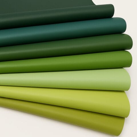 Lamb leather swatches in various green and yellow shades arranged side by side.-Avetco