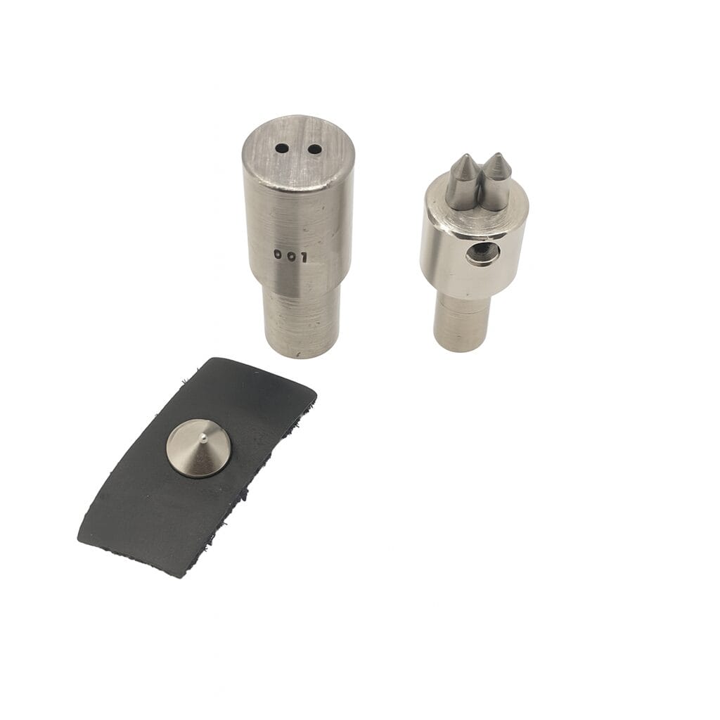 die-setter-nh52-95mm-double-prong-avetco Double prong die setter with 4.5mm hole spacing, shown with top and bottom steel inserts for use in leathercraft and accessory hardware installation.