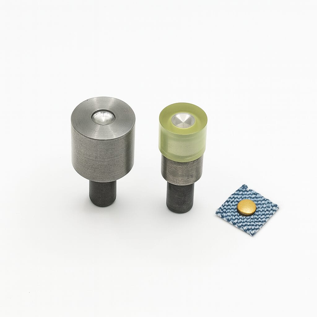 r0025-rivet-die-setter-tools-white-background Rivet Tooling Set R002 with sample rivet r0025.5 on denim – for hand press and kick press machines – shown on white background.