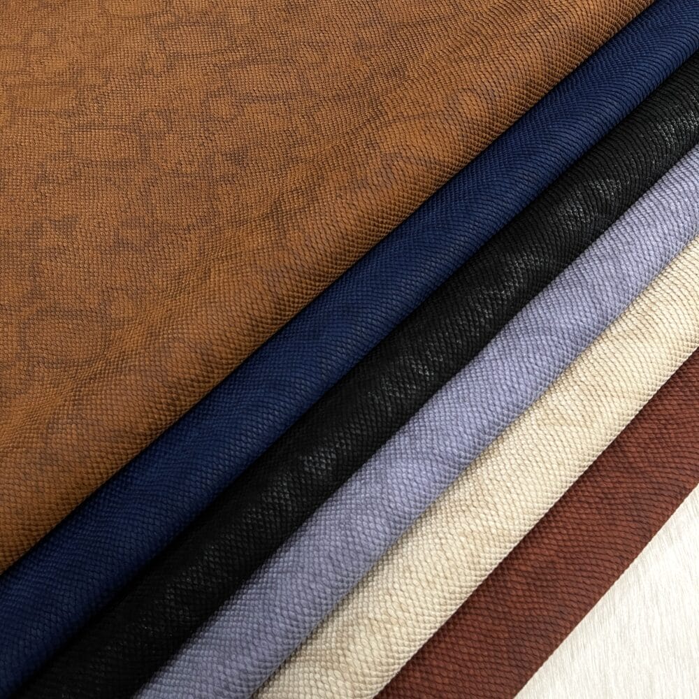KP-230 Vertu Snake Cow Suede Leather-Avetco 1 Snake embossed cow suede leather hides in six colors – Aztec, Insignia Blue, Black, Ashley Blue, Warm Sand, and Cinnamon – Avetco