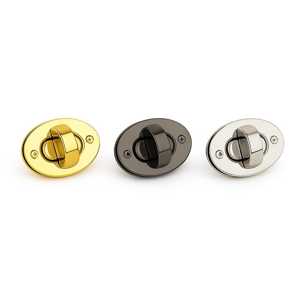 Y1094-Gold Gunmetal and Nickel Handbag Lock Closure-Avetco Y1094 oval twist lock closures in gold, gunmetal, and nickel finishes, displayed side-by-side, Avetco.