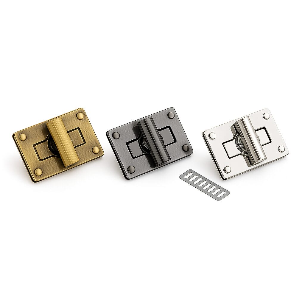 Y1101-Brushed Antique Brass gunmetal and nickel Rectangular Twist Handbag Lock Closure-Avetco Three color variations of rectangular twist handbag lock closure in brushed antique brass, brushed gunmetal, and nickel – Avetco.