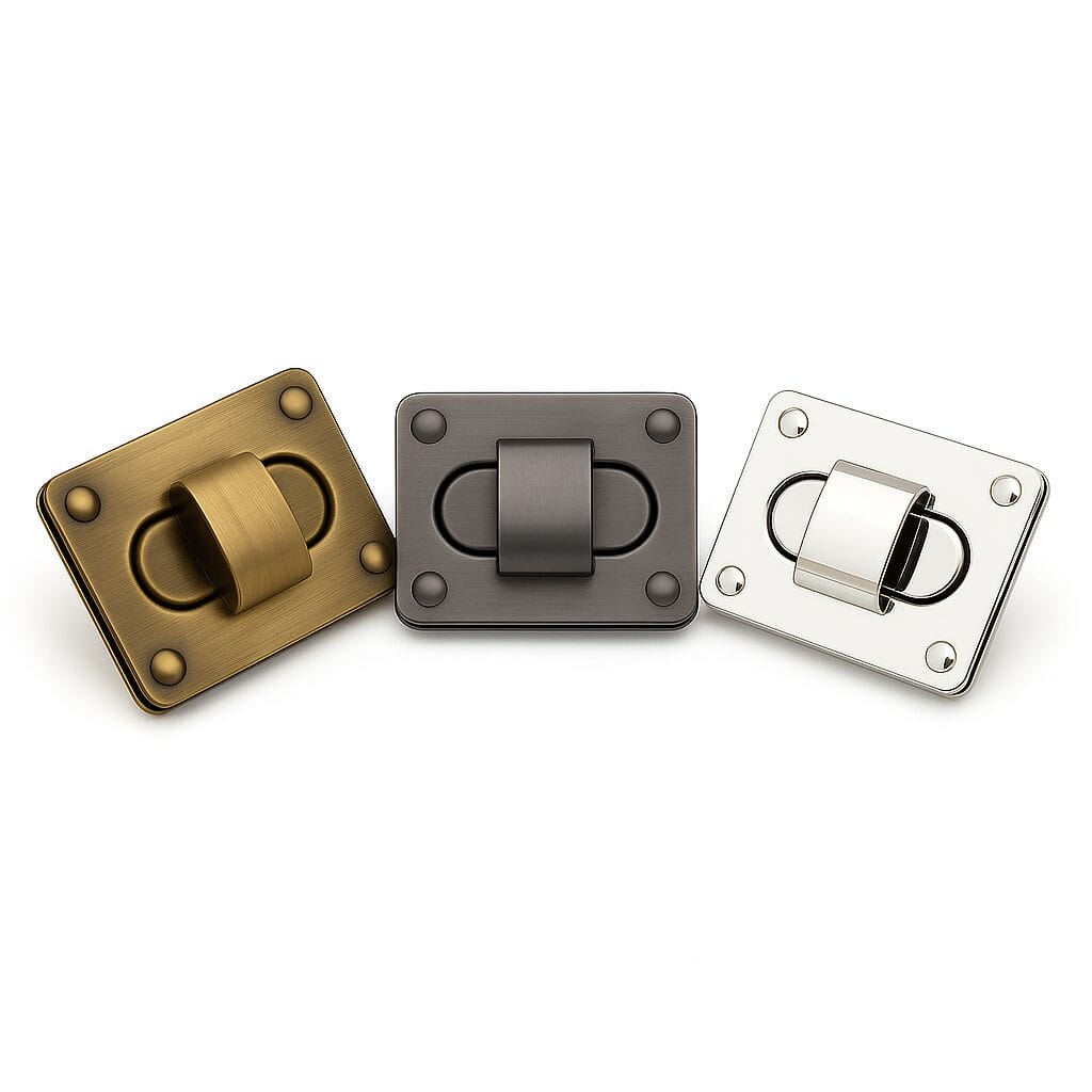 Y1702-Brushed Antique Brass Brushed Gunmetal and Nickel Rectangular Twist Handbag Lock Closure-Avetco Y1702 rectangular twist lock closures in three finishes – brushed antique brass, brushed gunmetal, and nickel – durable handbag hardware by Avetco.