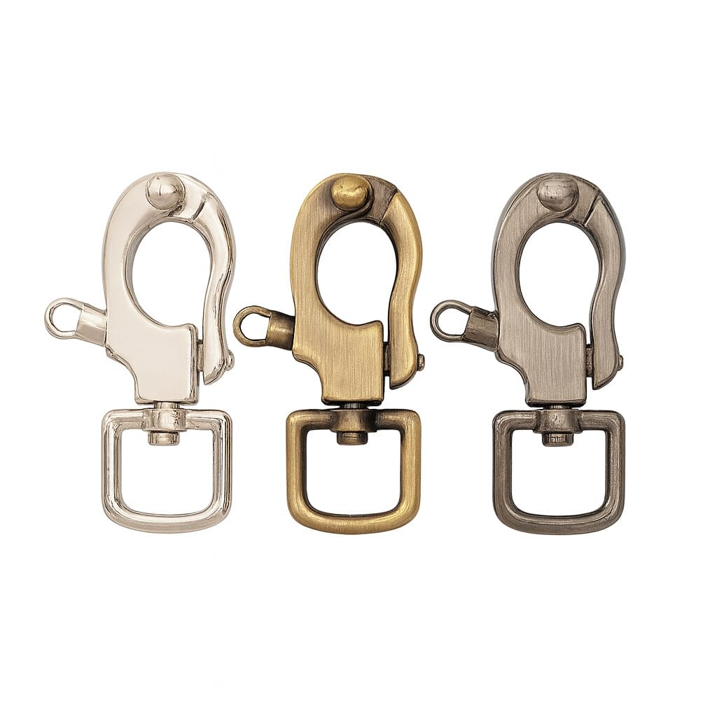H13001 Swivel Snap Hook in Nickel, Brushed Gunmetal, and Brushed Antique Brass finishes by Avetco, nickel-free and lead-free, 70mm height with swivel rectangular ring, sold in 10pcs pack
