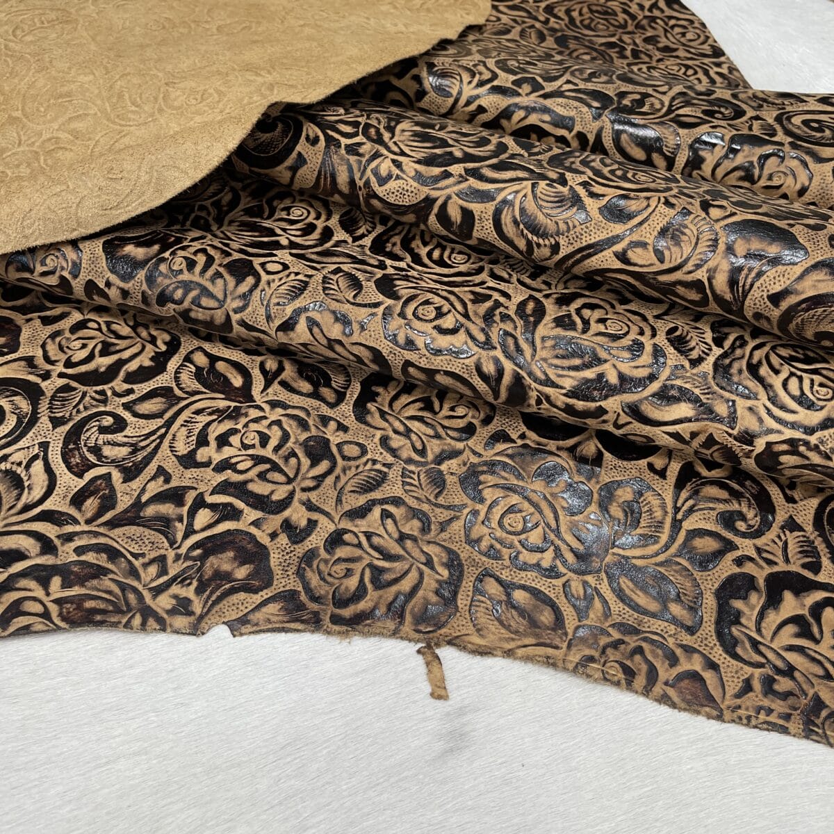 Cave Bloom embossed cow leather, tan side hide, 2/3 oz Stone Age Collection