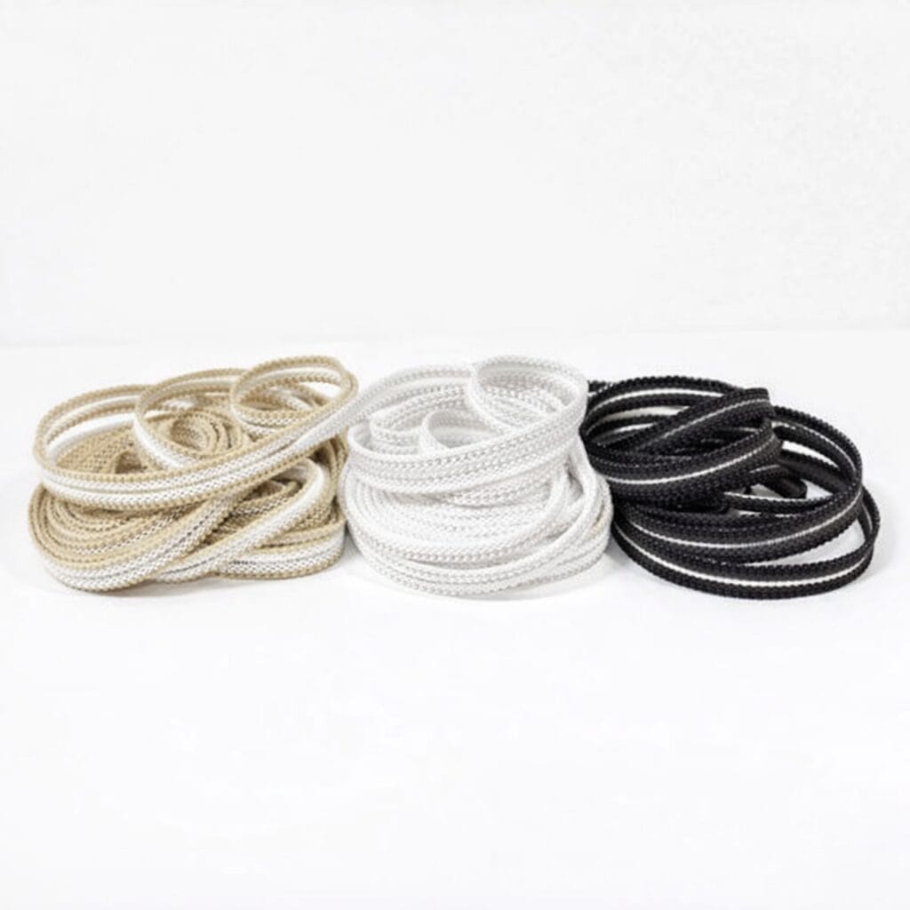 6mm channel elastic cords in beige, white, and black on white background