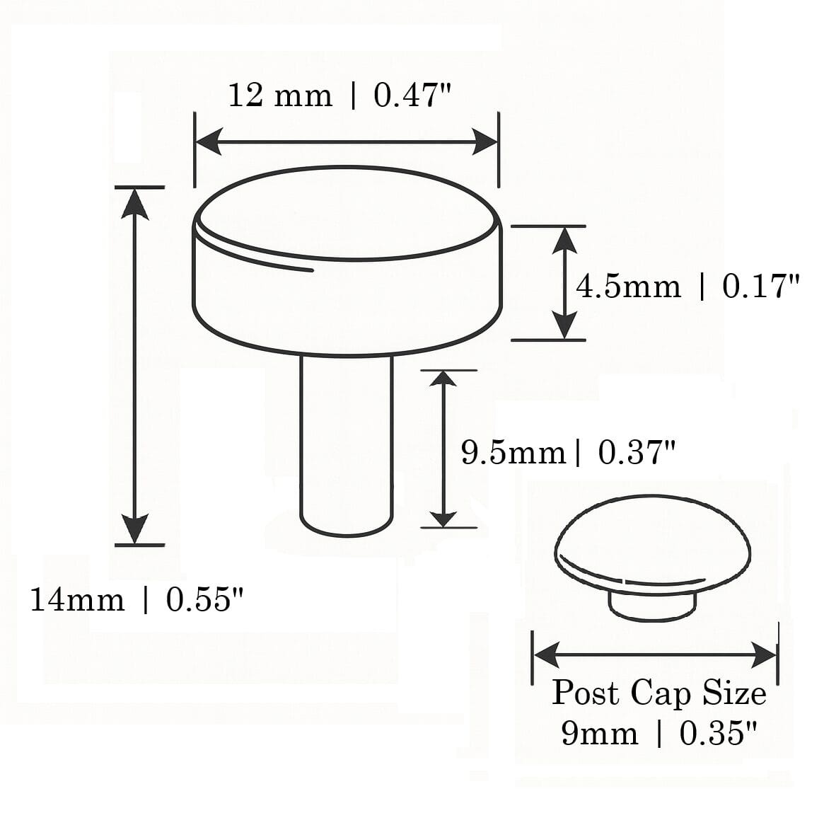 6200 Rivet- illustrated Technical diagram – 12mm x 9.5mm decorative rivet dimensions