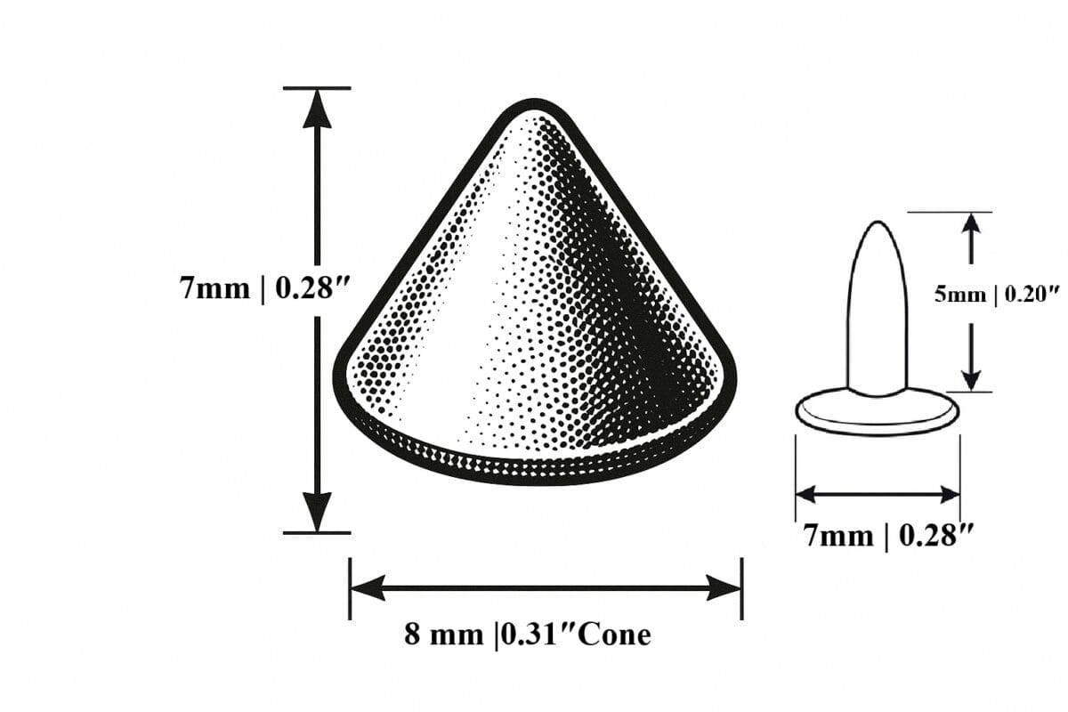 8mm cone head rivet illustrating the 8 mm cone height, 7 mm cap diameter and 5 mm post length.