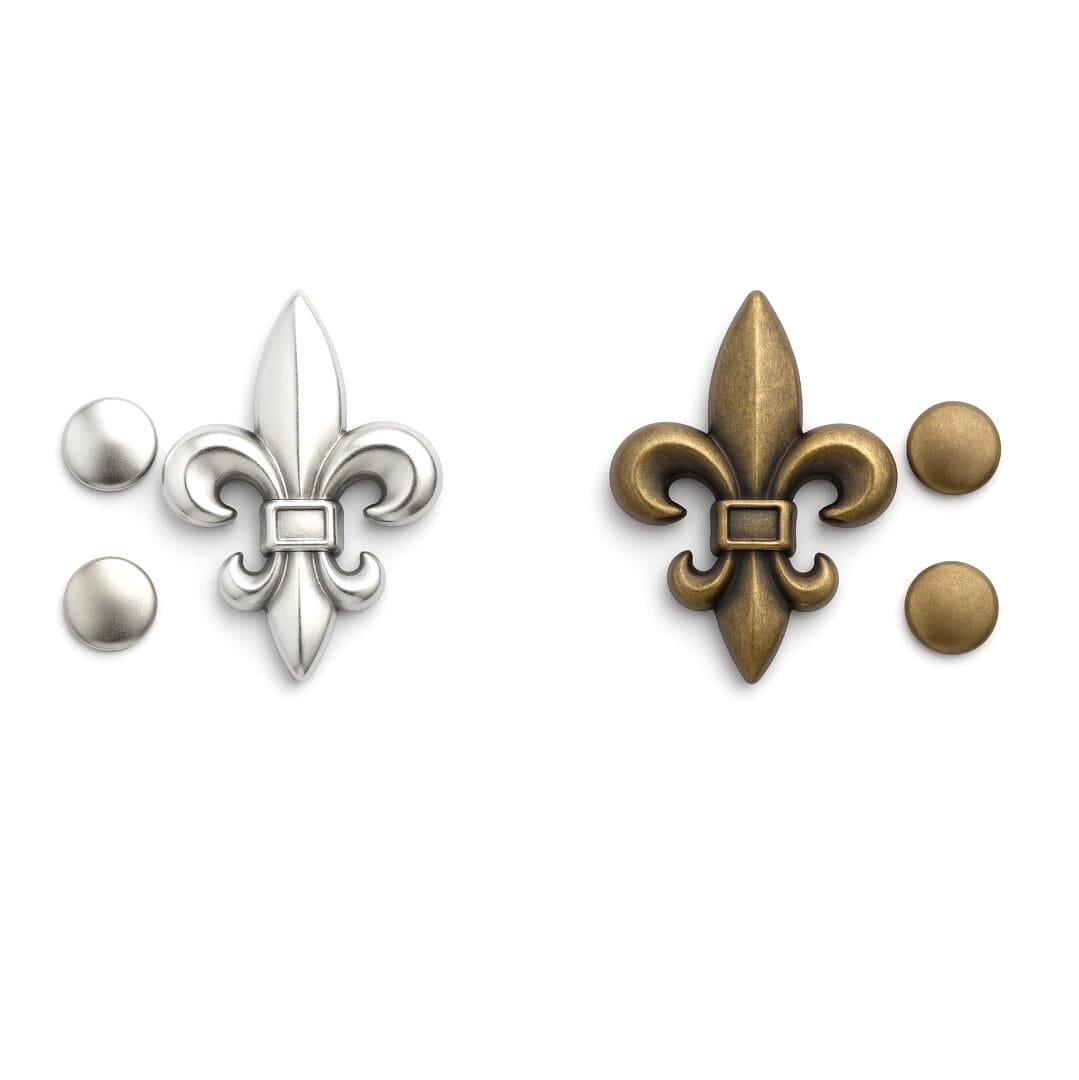 Fleur-De-Lis Nickel and antique brass fleur-de-lis rivets with matching rivet caps for leathercraft, handbags, shoes, and accessories