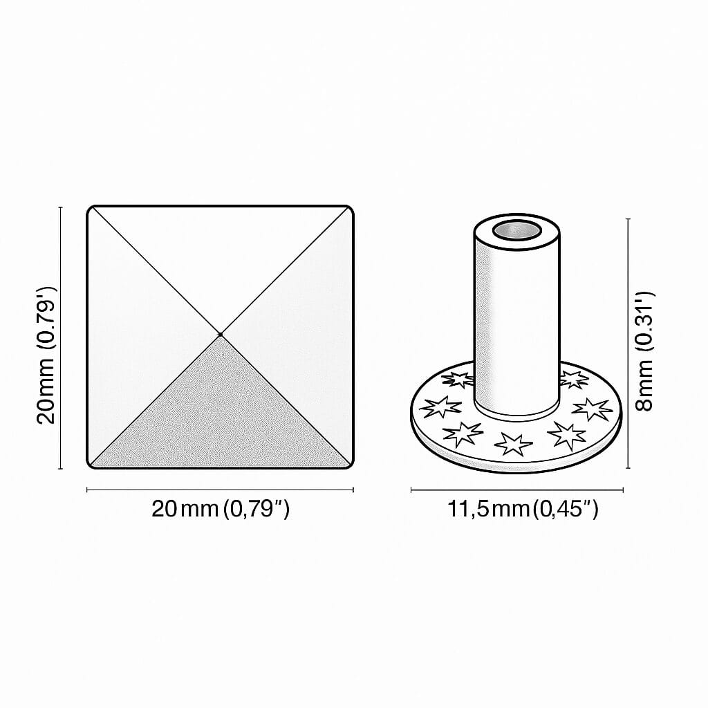 Pyramid Rivets R630 20 x 20 technical drawing showing pyramid stud 20×20 mm face size (0.79×0.79″), 11.5 mm base diameter, and 8 mm post height.